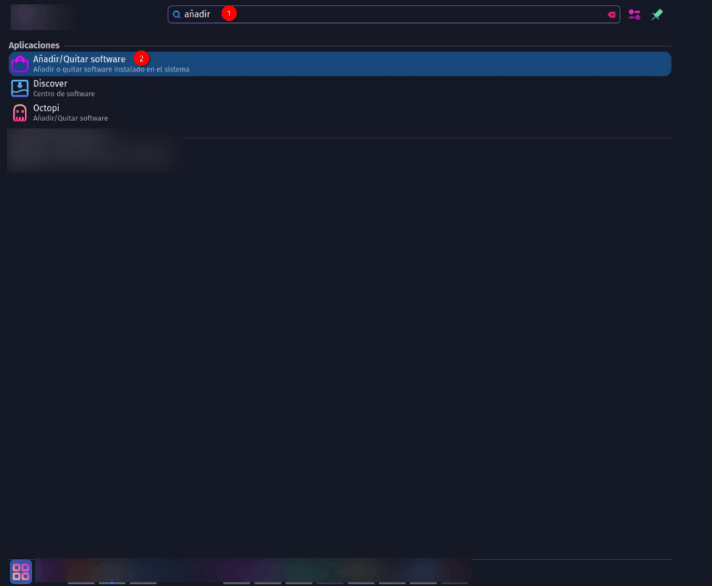 Imagen del Inicio de Garuda. El buscador tiene escrito "añadir" y salen tres opciones: Añadir/Quitar software, Discover y Octopi