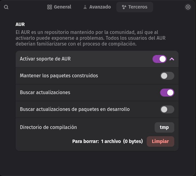 Ventana de Preferencias en la pestaña Terceros, mostrando la primera opción "Activar soporte de AUR" habilitada, así como la tercera opción "Buscar actualizaciones"